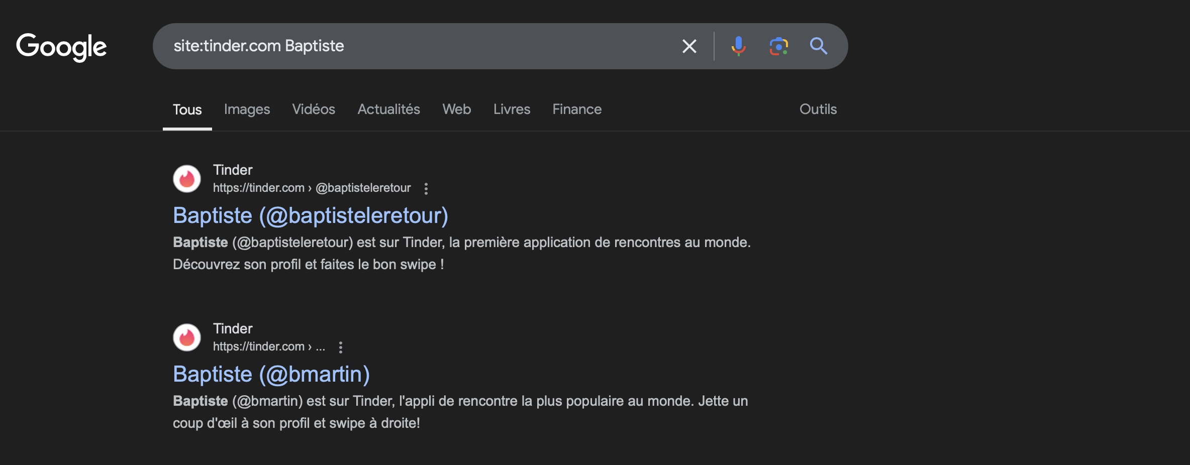 retrouver un profil Tinder sur google